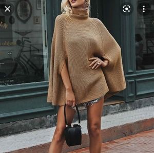 Half Zip Knit Turtleneck Women Poncho Sweater leather trim medium camel caramel